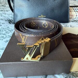 Designer Brown Monogram Belt with Gold Buckle
